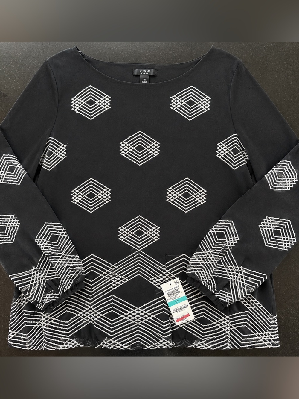 Alfani Black Mesh Long-Sleeve Top with White Geometric Embroidery